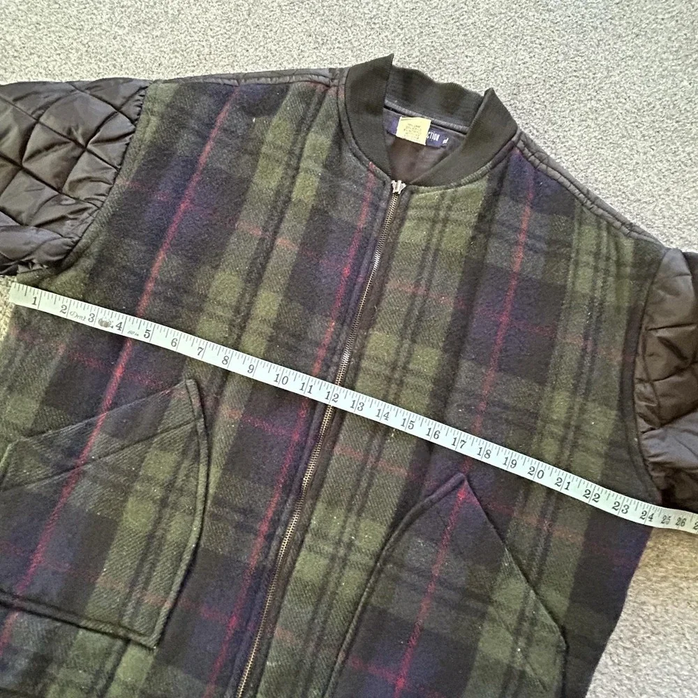 French Connection Jacket Men XL Green Tartan Plaid Wool Quilted Bomber Vintage